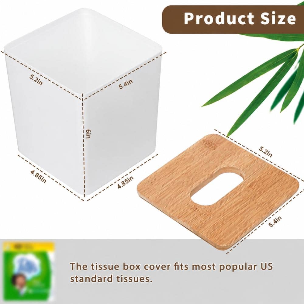 Unbranded Square Tissue Box Cover with Removable Bamboo Lid for Farmhouse, Boho and Modern Home Decor, White, 1 Pack (2)