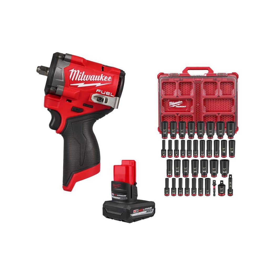 Milwaukee M12 FUEL 12V 3/8 in. Stubby Impact Wrench w/5.0Ah Battery & SHOCKWAVE PACKOUT Socket Set (36-Pc) (1)