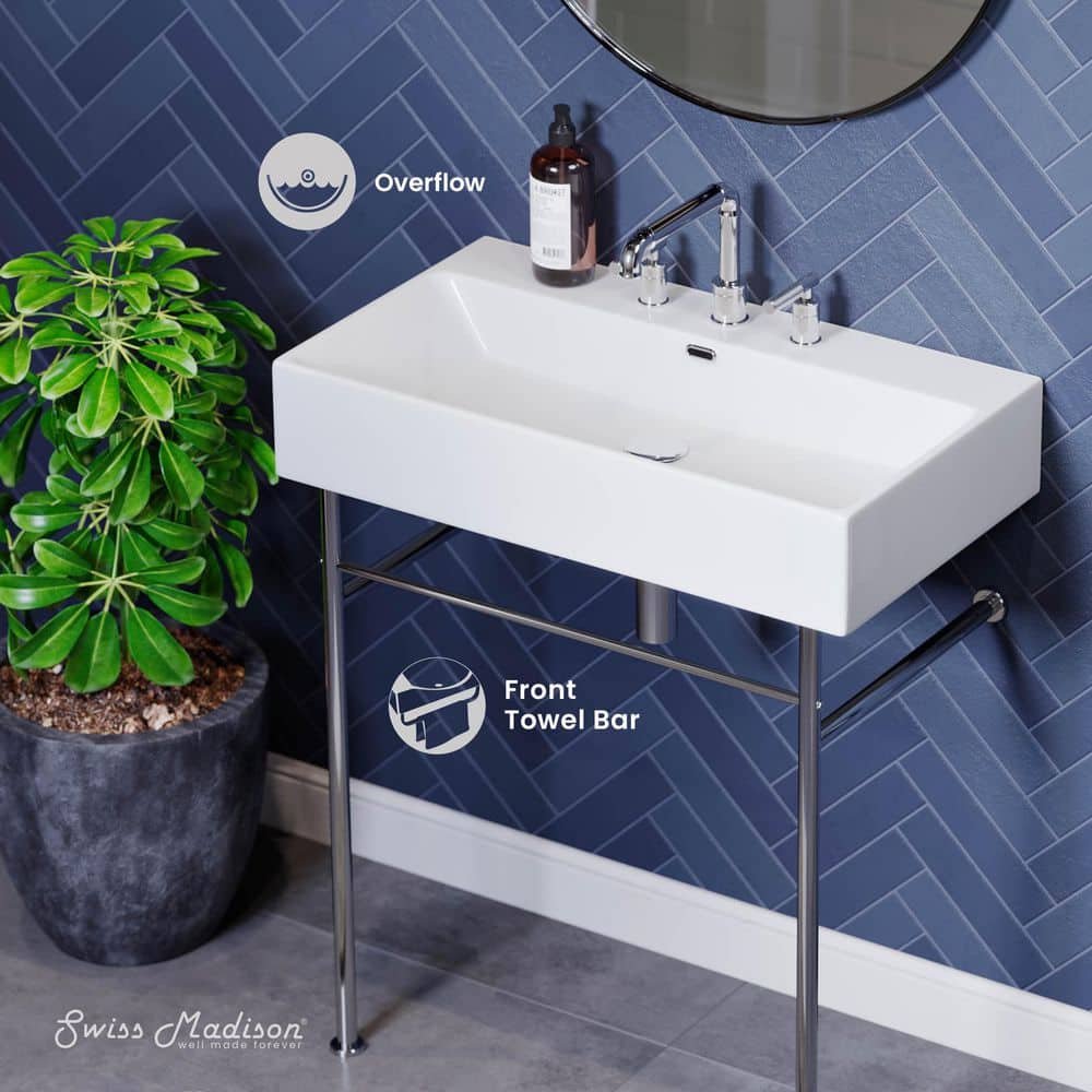 Swiss Madison Claire Ceramic White Console Sink With 30 in. W and Chrome Legs and 8" Widespread Faucet Holes (2)
