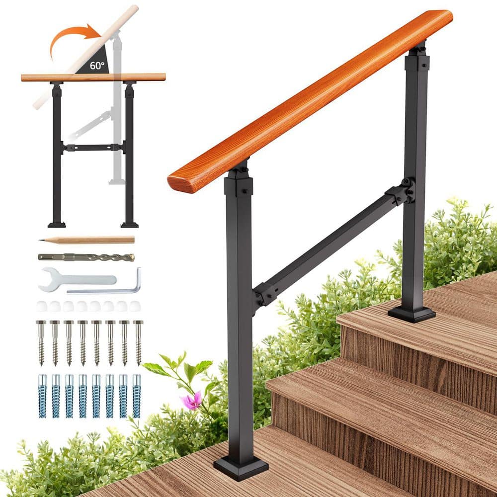 NVNOO Outdoor Steel Metal Hand Rails for Porch, Wooden Stairs Railing Fit 1 to 3 Steps with Installation Kit, Black