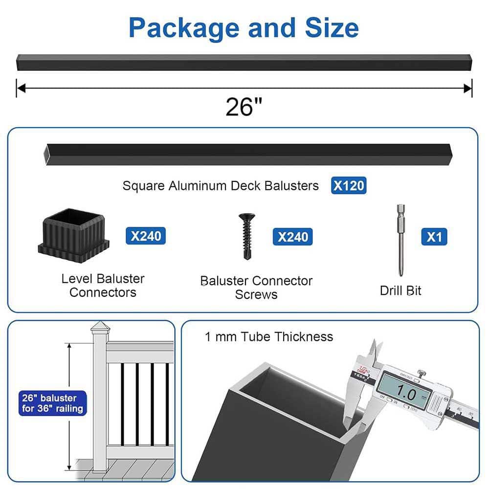 Afoxsos 26 x 3/4 Black Aluminum Deck Spindles with Anti-UV Connectors 120-Pack for Wood and Composite Railing (2)