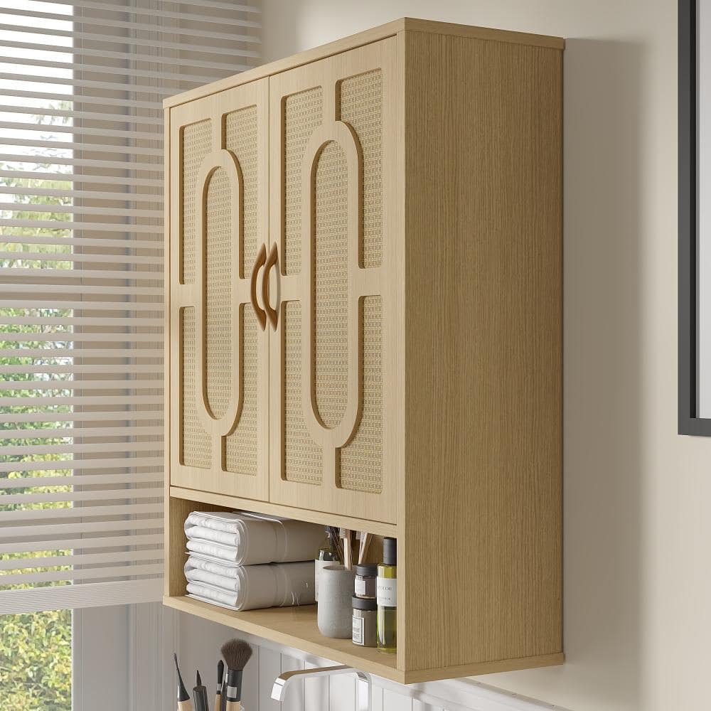 Peatuk Bathroom Wall Cabinet with Rattan Doors, 23.23" W x 7.87" D x 26.18" H, Over Toilet Storage with Adjustable Shelf (3)