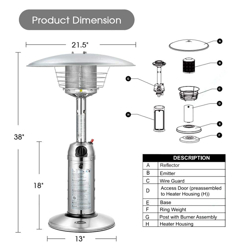 Costway 13000 BTU Commercial/Residential Portable Tabletop Silver Propane Natural Gas Patio Heater (3)