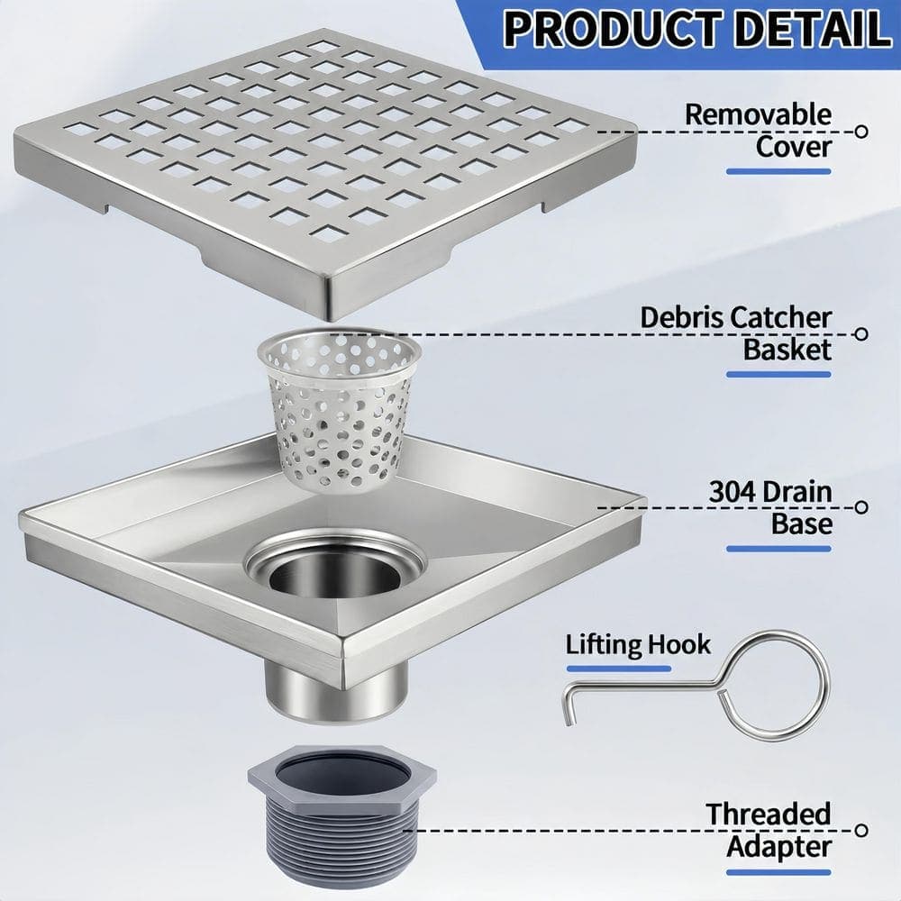 HOMEMYSTIQUE 6 in. x 6 in. Stainless Steel Square Shower Drain with Square Pattern Drain Cover in Brushed Nickel (2)