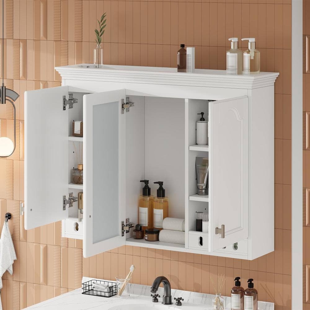 YSQCAR 35.31 in. W x 28 in. H Rectangular MDF Wall Medicine Cabinet with Mirror in White with Adjustable Shelves (3)