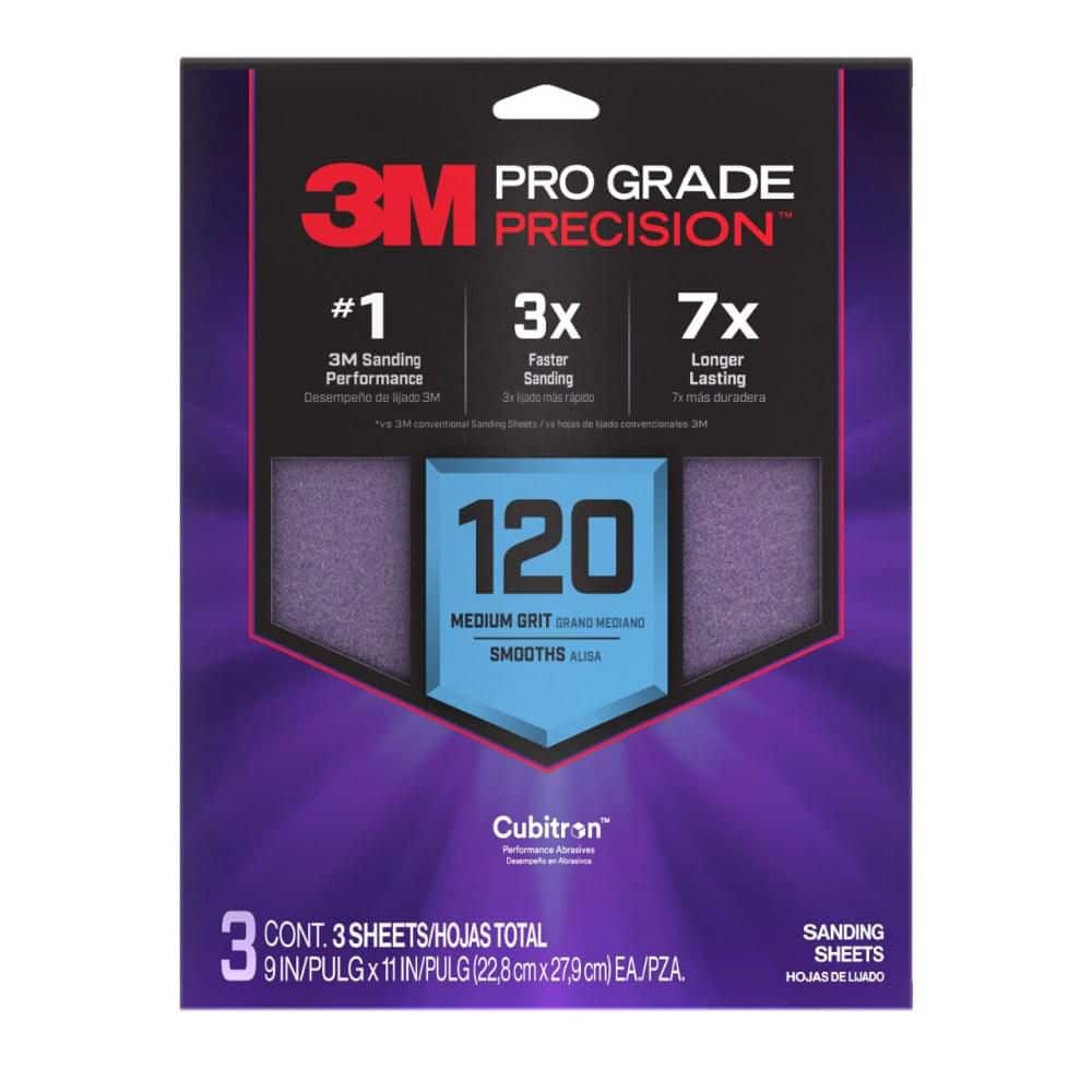 3M Pro Grade Precision 9 in. x 11 in. 120 Grit Faster Sanding Sheet With No-Slip Grip Backing (3-Pack)