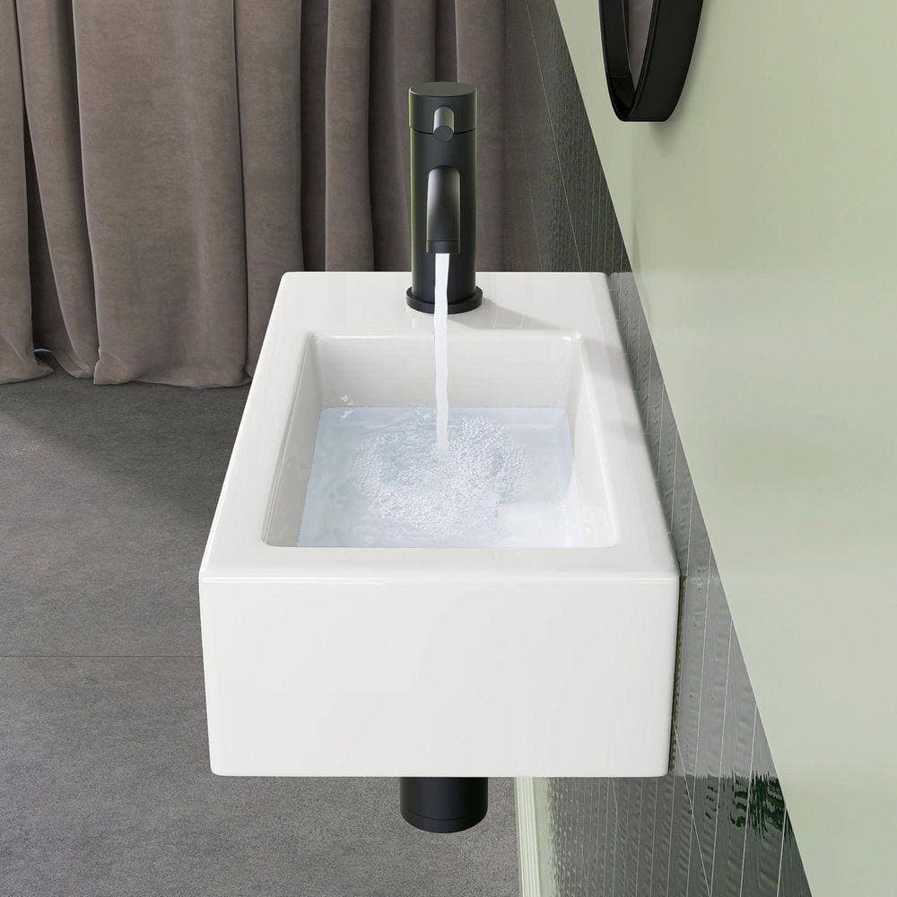 NTQ Zeara 14.6 x 7 x 3.5 in. Rectangular Ceramic Wall Mount Small Vessel Sink Wall Hung with Left Side Faucet Mount in White (2)