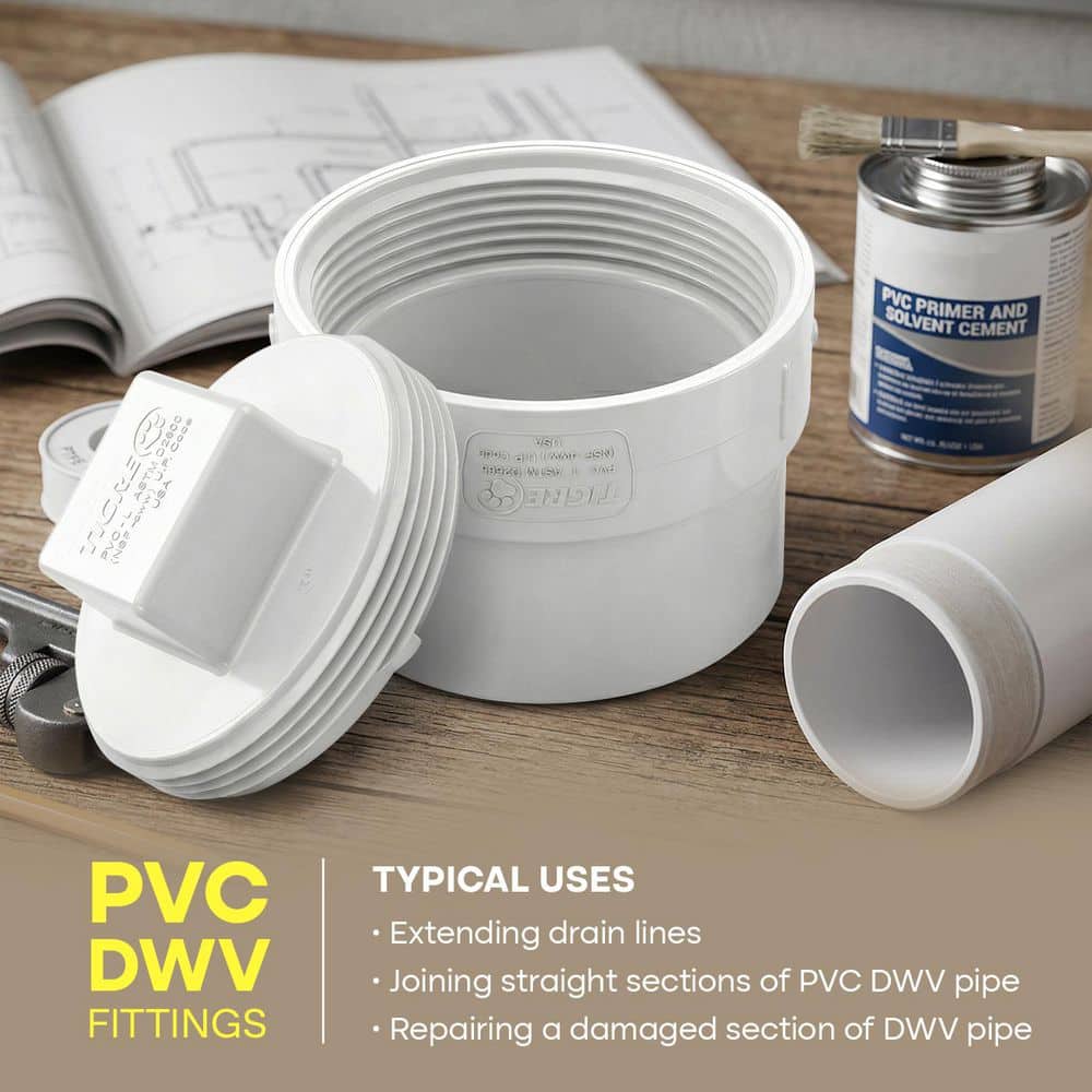 PLUMBFLEX 4 in. White Rigid PVC DWV Cleanout Adapter with C.O. Plug, Slip x Female Pipe Thread Drain, Waste & Vent Systems (10-Pk) (2)