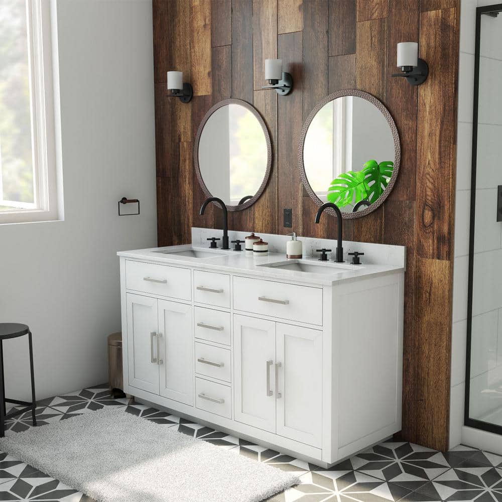 DreamLine Dexterity 60 in. W x 22 in. D x 34 in . H Oak Vanity with Rectangular Undermount Sinks - White with White Top (1)