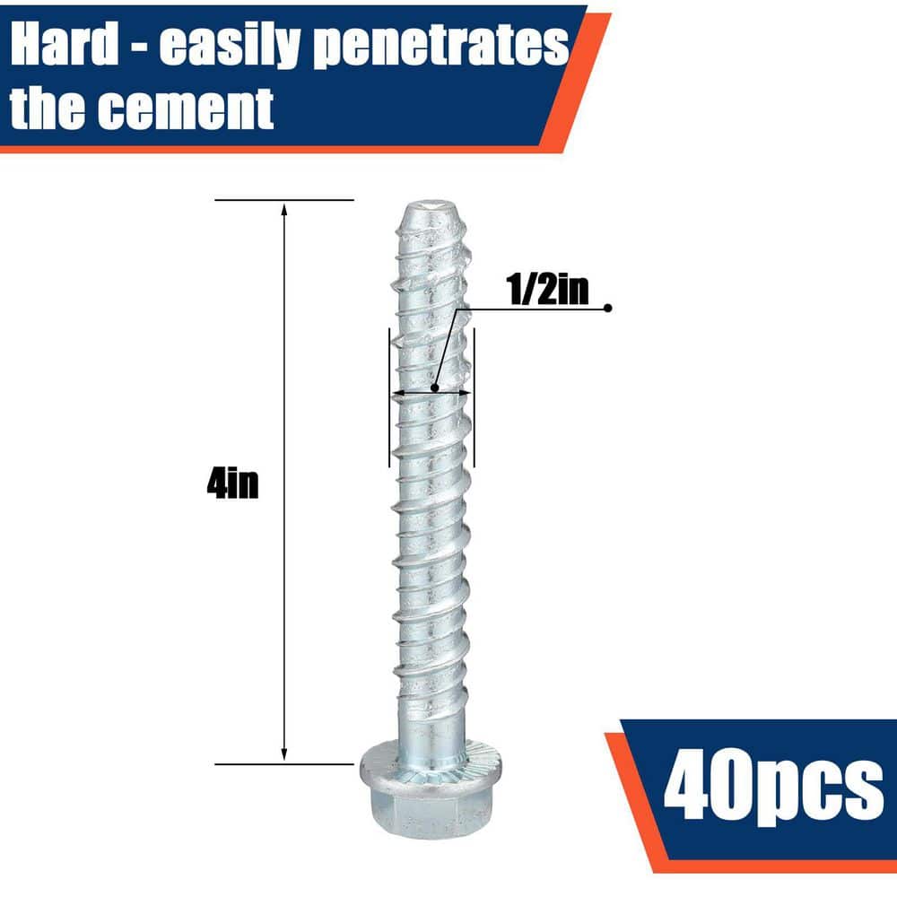 xinyoec 40 Pack 1/2 in. x 4 in. Concrete Screw Anchors Galvanized Large Diameter Heavy Duty Plated Concrete Anchors (2)