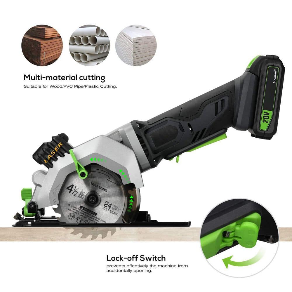 Unbranded 4-1/2 Cordless Mini Circular Saw with Laser Guide and 2 Blades 3400RPM Max Cutting Depth 1-11/16 1-1/8 (3)