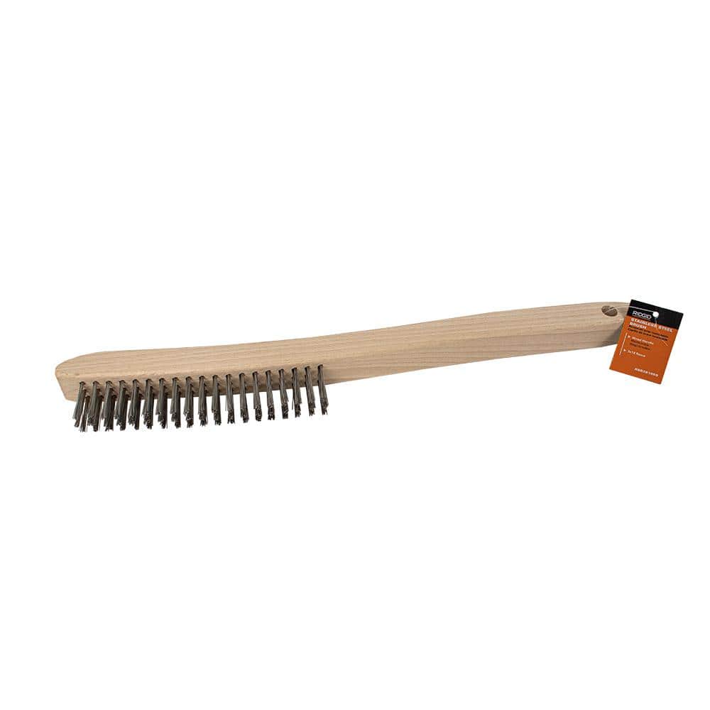 RIDGID Stainless Steel Scratch Brush with Extended Wooden Handle, 3 x 19 Stainless Steel Bristle Rows (2)