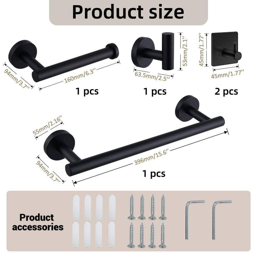 JFVKAF 5-Piece Bathroom Hardware Set with Towel Bar, Toilet Paper Holder, 3 Robe Hooks in Matte Black (3)