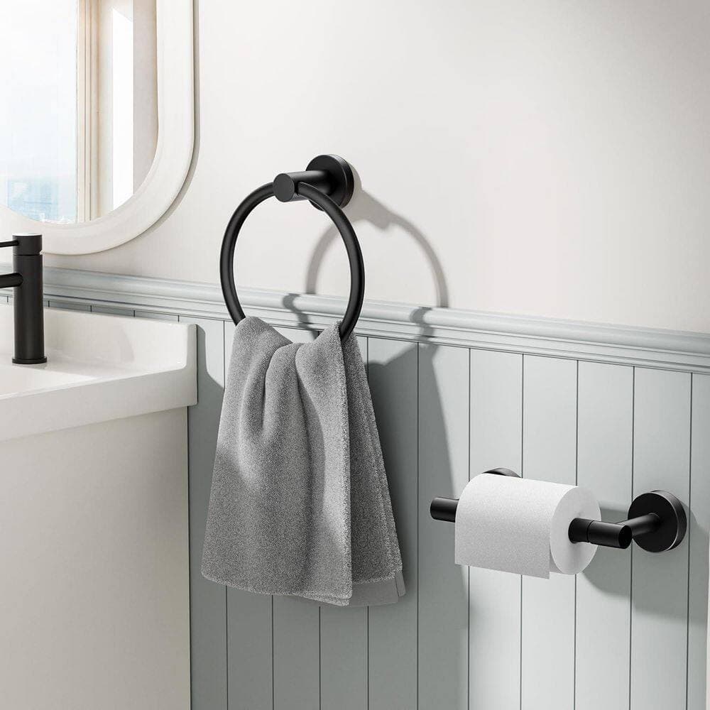 KHKFY Matte Black SUS304 Stainless Steel Toilet Paper Holder and Towel Ring Set, Wall Mount, Double Post Pivot (2)