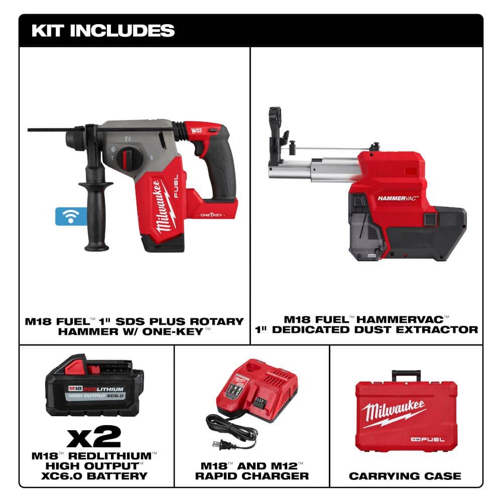 Milwaukee M18 FUEL ONE-KEY 18V Lithium-Ion Brushless Cordless Rotary Hammer W/Dust Extractor Kit + 6.0Ah Battery (2)