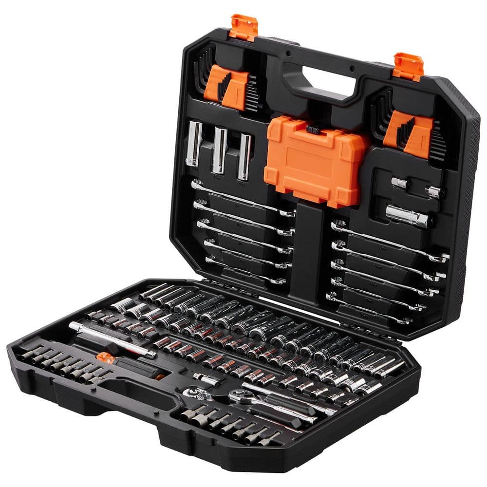 SKYSHALO 145 Pcs Mechanics Tool Set, 1/4 in. & 3/8 in. Drive Deep/Standard Sockets, SAE & Metric, Wrenches, Bits, Case (1)