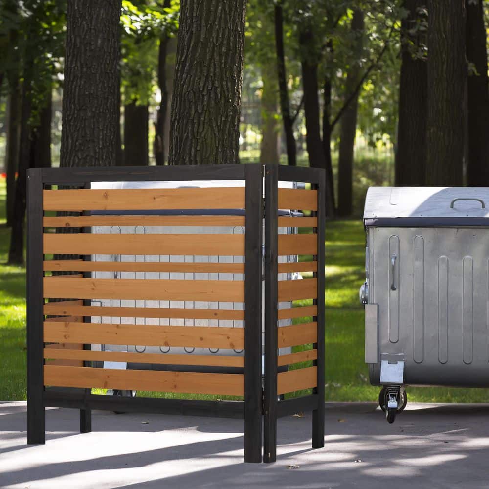 Clihome 3-Panel Black+Gold Outdoor Fir Wood Privacy Fence for Air Conditioner Cover Trash Enclosure Garden Screen (3)