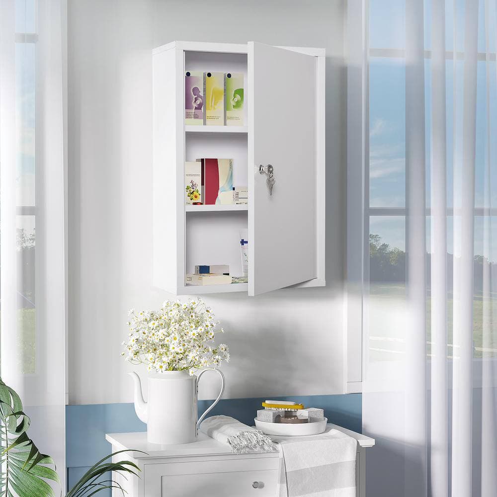 WELLFOR 15.75 in. W x 7 in. D x 23.5 in. H Lockable Bathroom Storage Wall Cabinet in White with 2 Keys (2)