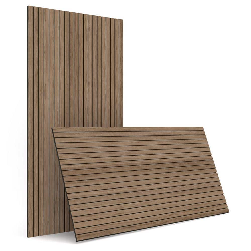 sunwings 0.4 in. x 4 ft. x 2 ft. Brown Walnut PET Peel and Stick Acoustic 3D Wood Slat Decorative Wall Paneling (4-Pack)