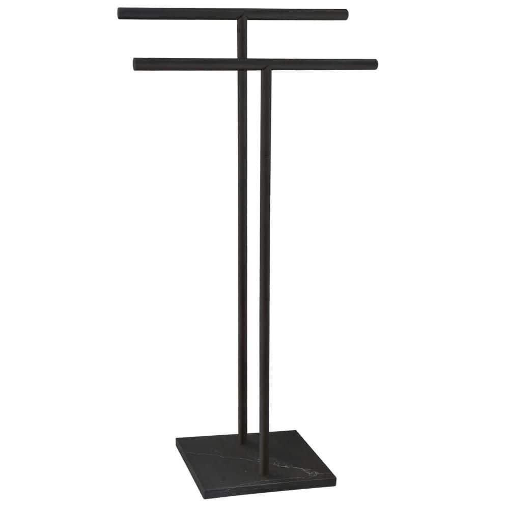 Numhew 40 in. Double-T Shape 2-Tier Standing Towel Rack with Marble Base for Bathroom Floor Next to Tub or Shower, Black (1)