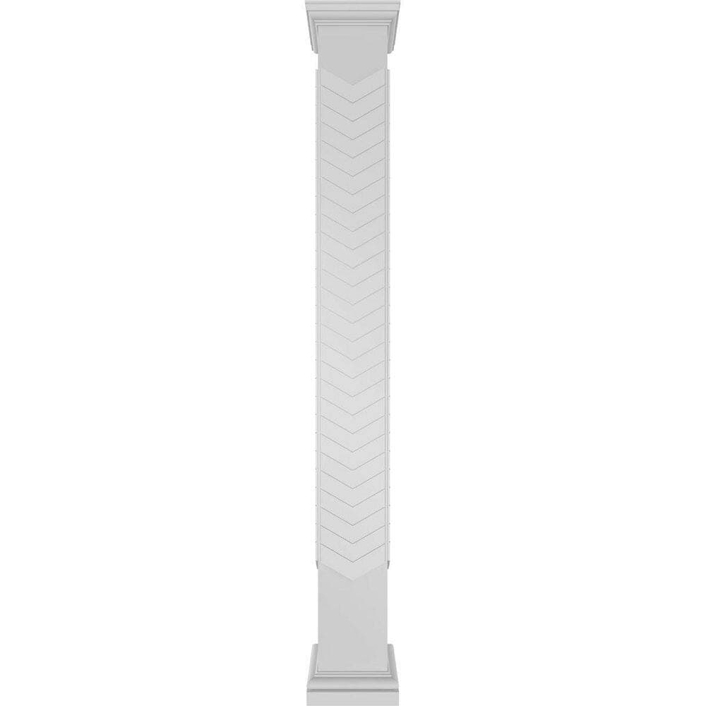Ekena Millwork 7-5/8 in. x 9 ft. Premium Square Non-Tapered Chevron Modern Fretwork PVC Column Wrap Kit w/Tuscan Capital and Base (2)