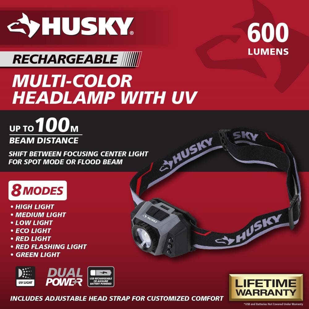 Husky 600 Lumens Dual Power LED Rechargeable Twist to Focus Headlight with UV Function (2)