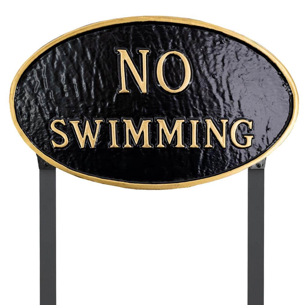 Montague Metal Products 10 in. x 18 in. Large Oval No Swimming Statement Plaque Sign with Lawn Stakes - Black/Gold