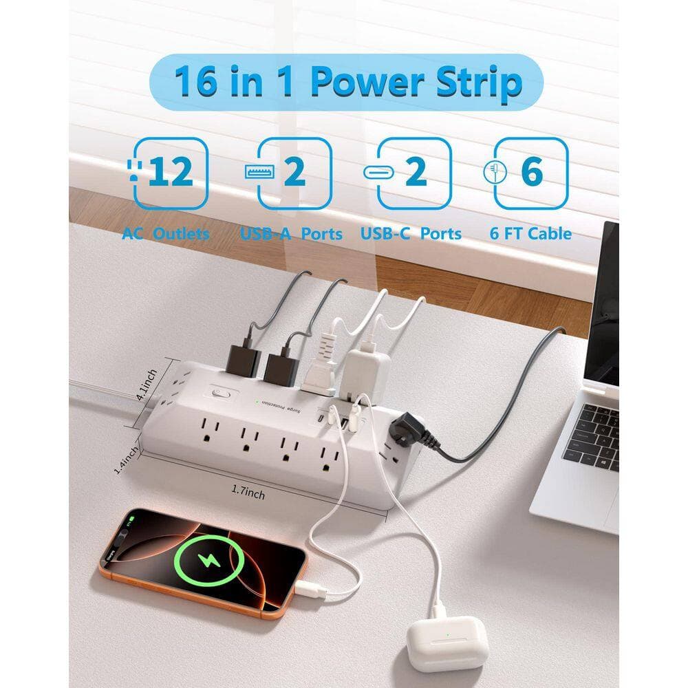 Unbranded 6 ft. 12-Outlet Surge Protector with 2 USB-A Ports 2 USB-C Ports Power Strip, 1800 Joule, Flat Plug, Fast Charging (2)