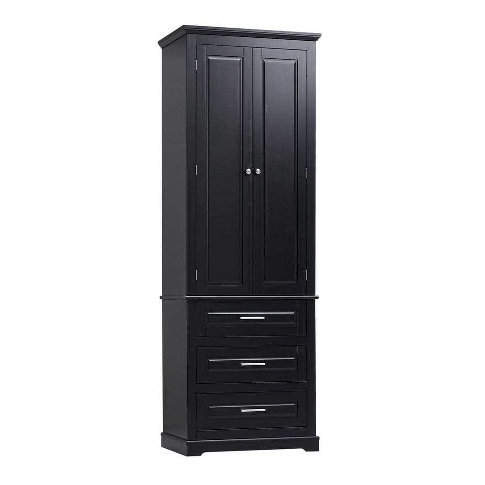 YSQCAR 24 in. W x 16 in. D x 70 in. H Black MDF Freestanding Linen Cabinet with Door, Drawer, Adjustable Shelf (1)