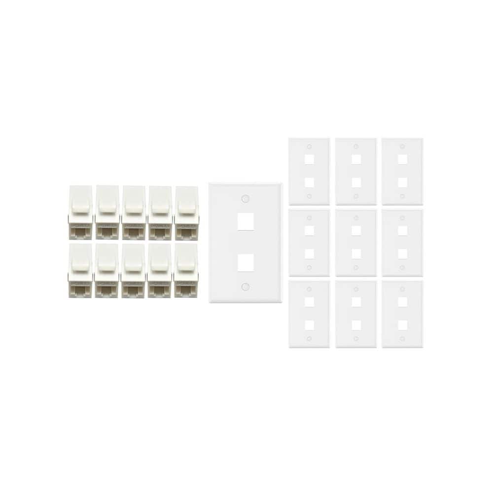 Micro Connectors, Inc 10-Pack 1-Gang White Keystone Plastic Wall Plate 2-Port and 10 Cat 6A RJ45 Keystone Inline Couplers White