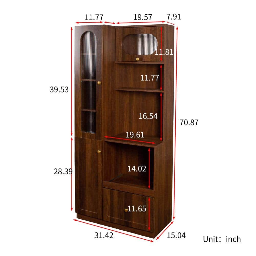 XUJMK 31 in. W x 15 in. D x 71 in. H Walnut Linen Cabinet, Kitchen Pantry Cabinet with Multi-Functional Pull-Out Storage Shelf (2)