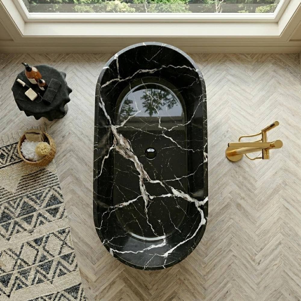 POCCI&VANCCI 67 in. Freestanding Solid Surface Oval Soaking Bathtub in Glossy Black Marble Pattern with White Veining (3)