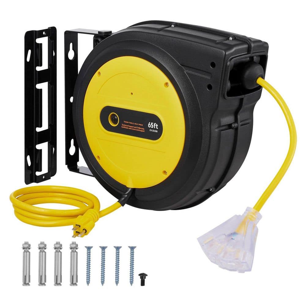 Inolait 65 ft. 12 / 3 15 Amp Retractable Extension Cord Reel with 3 Grounded Outlets and Tri-Tap End (1)