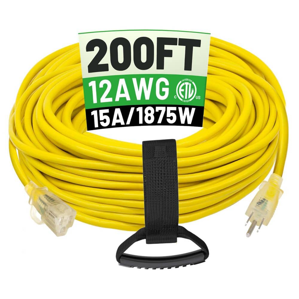 Unbranded 200 ft. 1875W 12-Gauge 1-Conductor SJTW Heavy Duty Outdoor Extension Cord Waterproof Lighted End Yellow Flexible