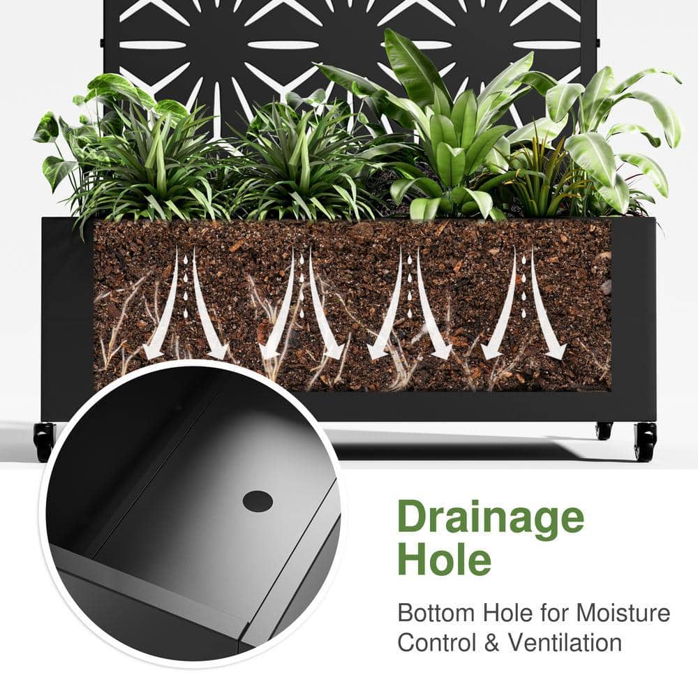 Lirago 72 in. x 47 in. Black Outdoor Metal Privacy Screen Raised Planter Box Wall Decor (3)