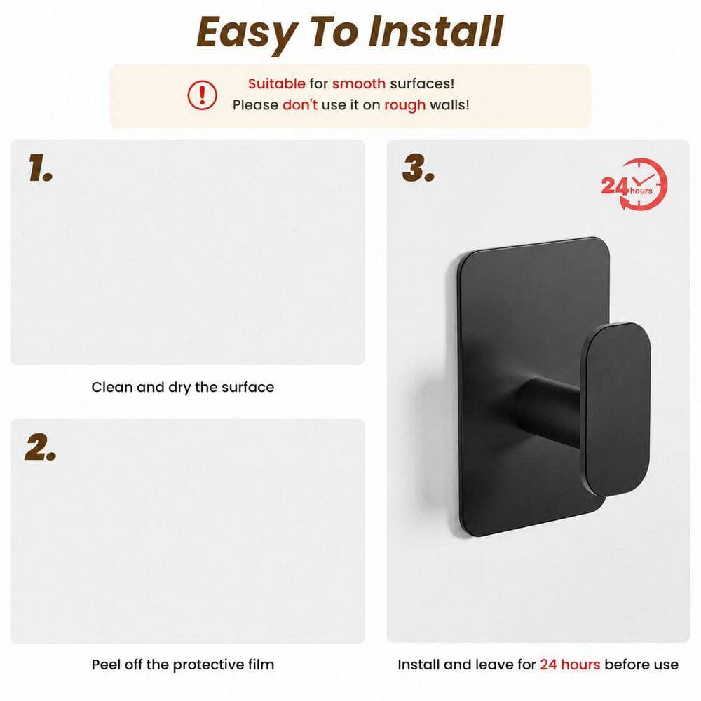 LAIFUCAM Adhesive Wall Hook Towel Holder in Black Finish, Heavy Duty Stainless Steel Bath Accessory for Bathroom, 4 Pack J-Hook (2)