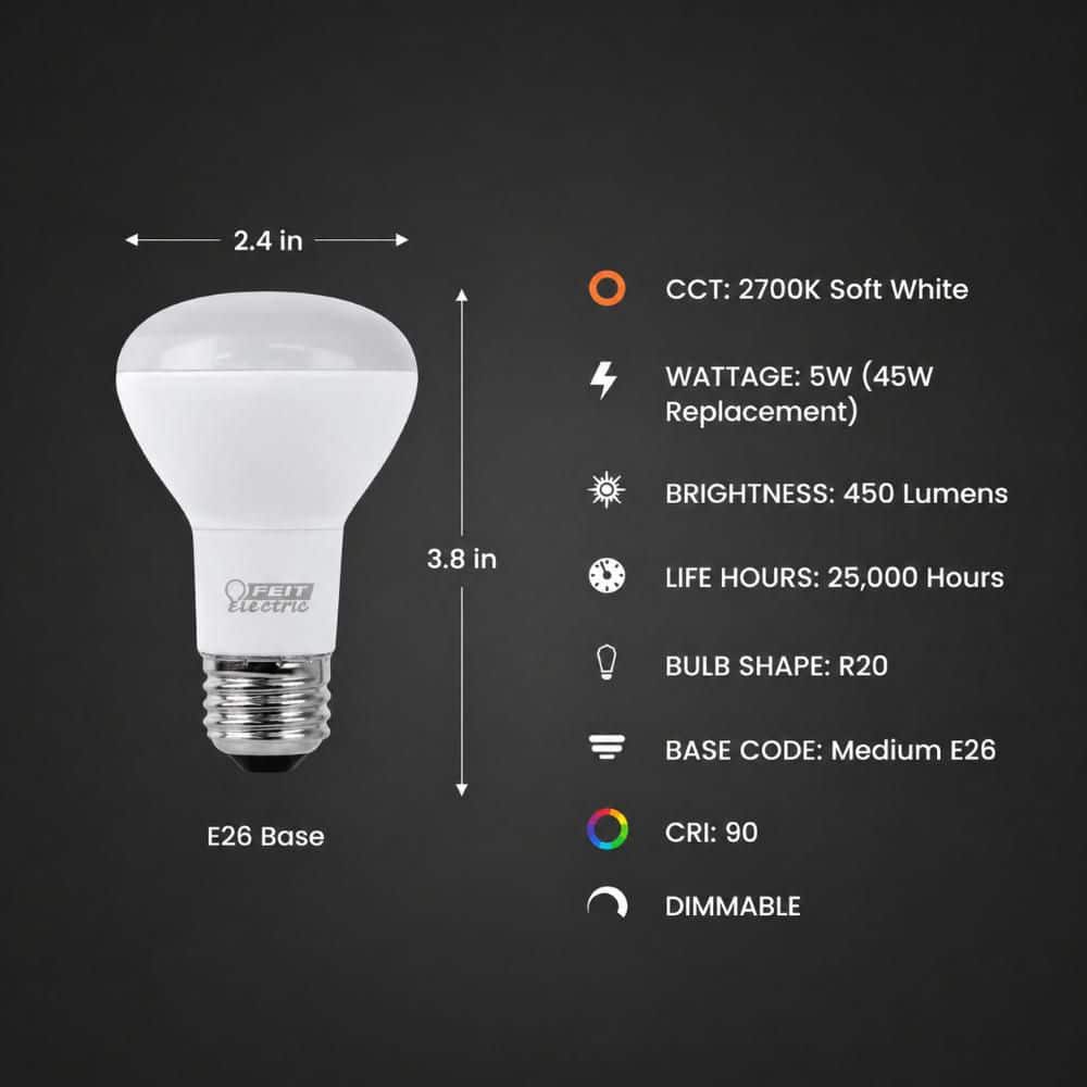 Feit Electric 45-Watt Equivalent R20 Dimmable CEC 90+ CRI Track CEC Title 20 E26 Medium Flood LED Light Bulb Soft White 2700K (3-Pack) (3)