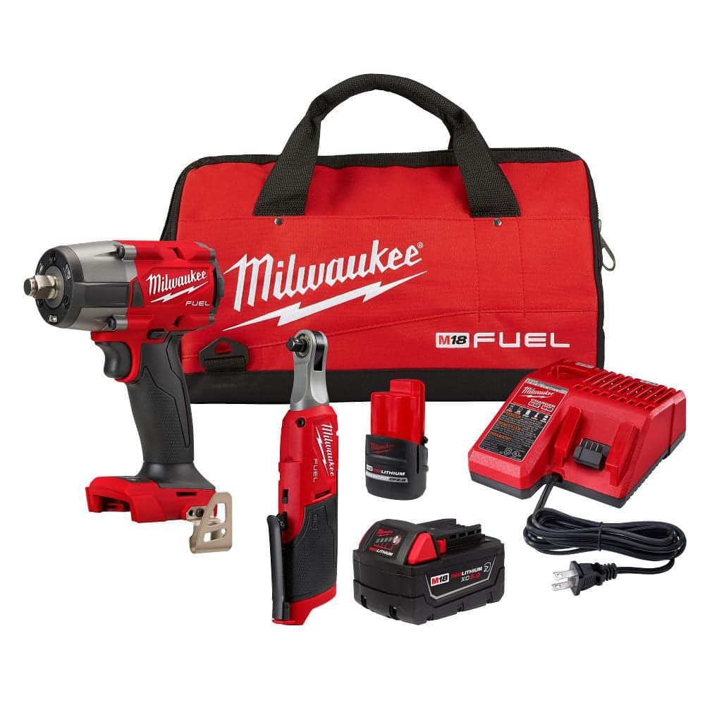 Milwaukee M18 FUEL 18V Cordless Mid Torque 1/2 in. Impact Wrench w/ M12 FUEL 3/8 in. Ratchet & Battery/Charger Combo Kit (1)