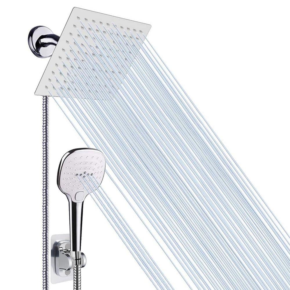 Numhew 8 in. Square 5-Piece Shower Combo Set with 8 in. Rainfall Head, Handheld Shower, 5 ft. Hose and 3 Modes in Chrome Finish (1)