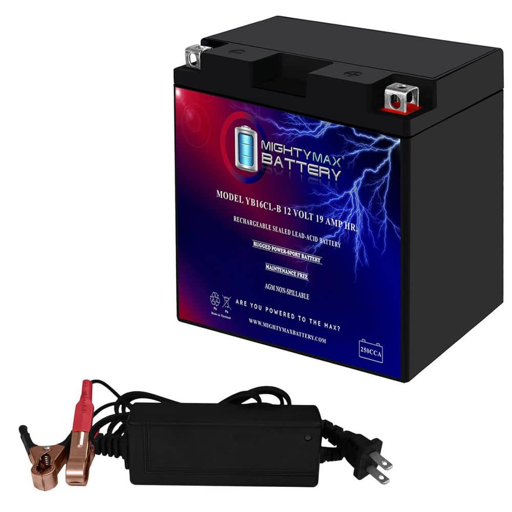 Mighty Max Battery YB16CL-B -12 Volt 19 AH, 250 CCA, Rechargeable Maintenance Free SLA AGM Motorcycle Battery + 12V 2AMP Charger (1)