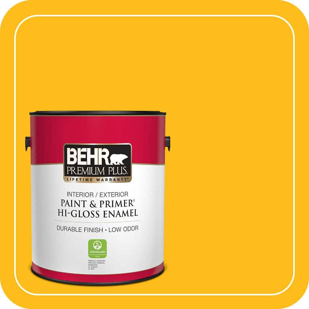 BEHR PREMIUM PLUS 1 gal. #P290-7 Laser Lemon Hi-Gloss Enamel Interior/Exterior Paint & Primer (1)