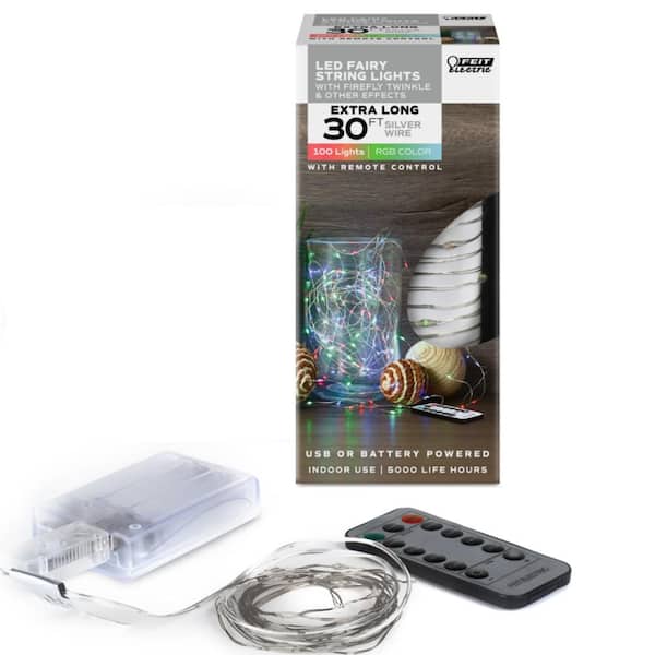Feit Electric 100-Light 30 ft. USB or Battery Operated Mini LED Indoor Silver Wire Red/Green/Blue Fairy String Light with Remote