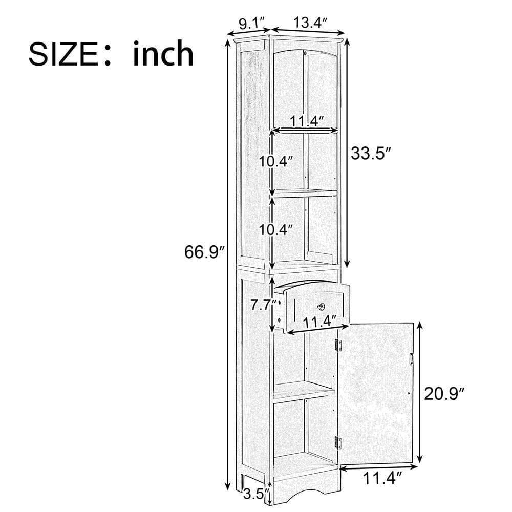 FORCLOVER 13-2/5 in. W x 9 in. D x 67 in. H Gray Wood Free Standing Bathroom Linen Cabinet with Drawer and Adjustable Shelf (3)