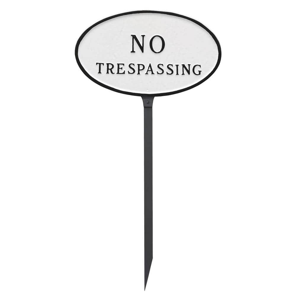 Montague Metal Products 8.5 in. x 13 in. Standard Oval No Trespassing Statement Plaque Sign with 23 in. Lawn Stake, White with Black Lettering (2)