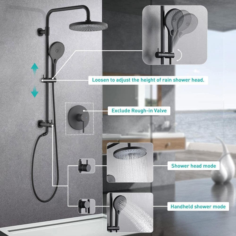 BEARSOLIM 8 in. Rainfall Shower Head with Handheld Shower System 1 Jet with Shower System Dual Shower with Slide Bar in Black (2)