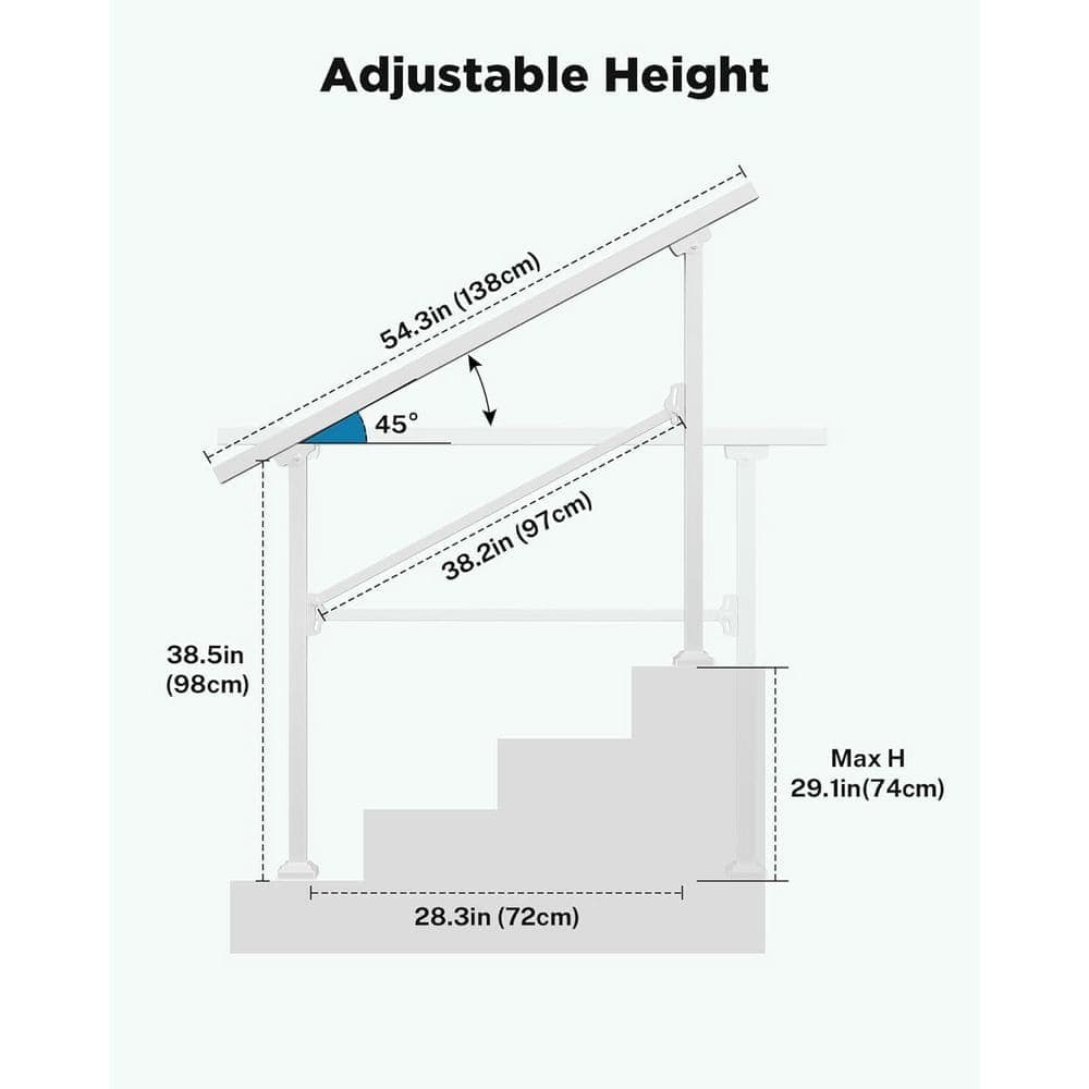 Afoxsos Adjustable Wrought Iron Hand Rails for 4 Step Outdoor/Indoor Stairs, White Matte Finish, Easy Installation, Safe Design (2)