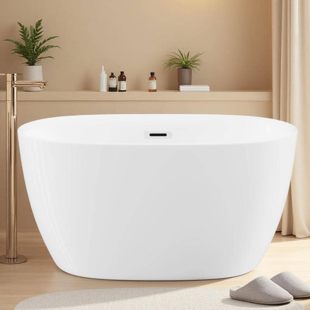 Cuschoice 47 Inch Acrylic Freestanding Bathtub, White Oval, Chrome Overflow,Pop-Up Drain, Double Wall Acrylic, High Gloss (1)
