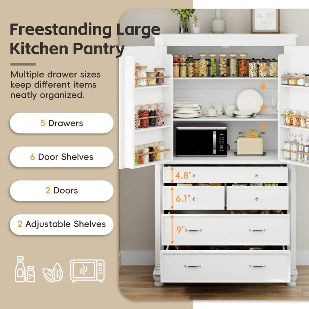 COWLOWN 43.3 in. W x 20 in. D x 77.3 in. H White Linen Cabinet with 6 Door Shelves, 2 Adjustable Shelves and 5 Drawers (3)
