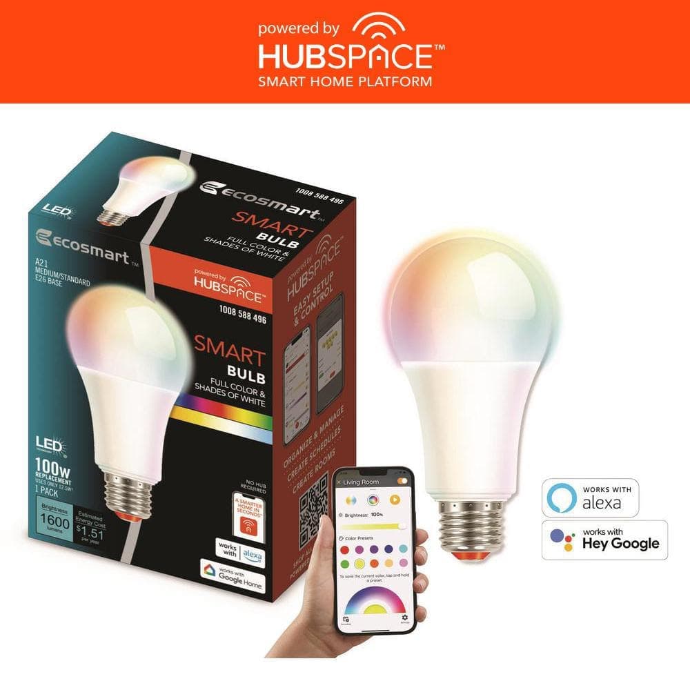 EcoSmart 100-Watts Equivalent Smart A21 Color Changing CEC LED Light Bulb with Voice Control (1-Bulb) Powered by Hubspace (2)