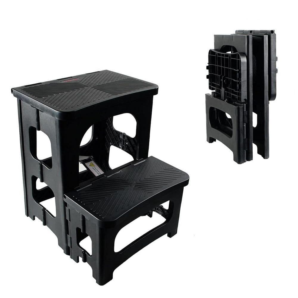 KIWDZFU 2-Step Reach Portable Stool Ladder Non-Slip Folding Design for Kitchen Bathroom Closet Office Black 300 lbs. Capacity (1)